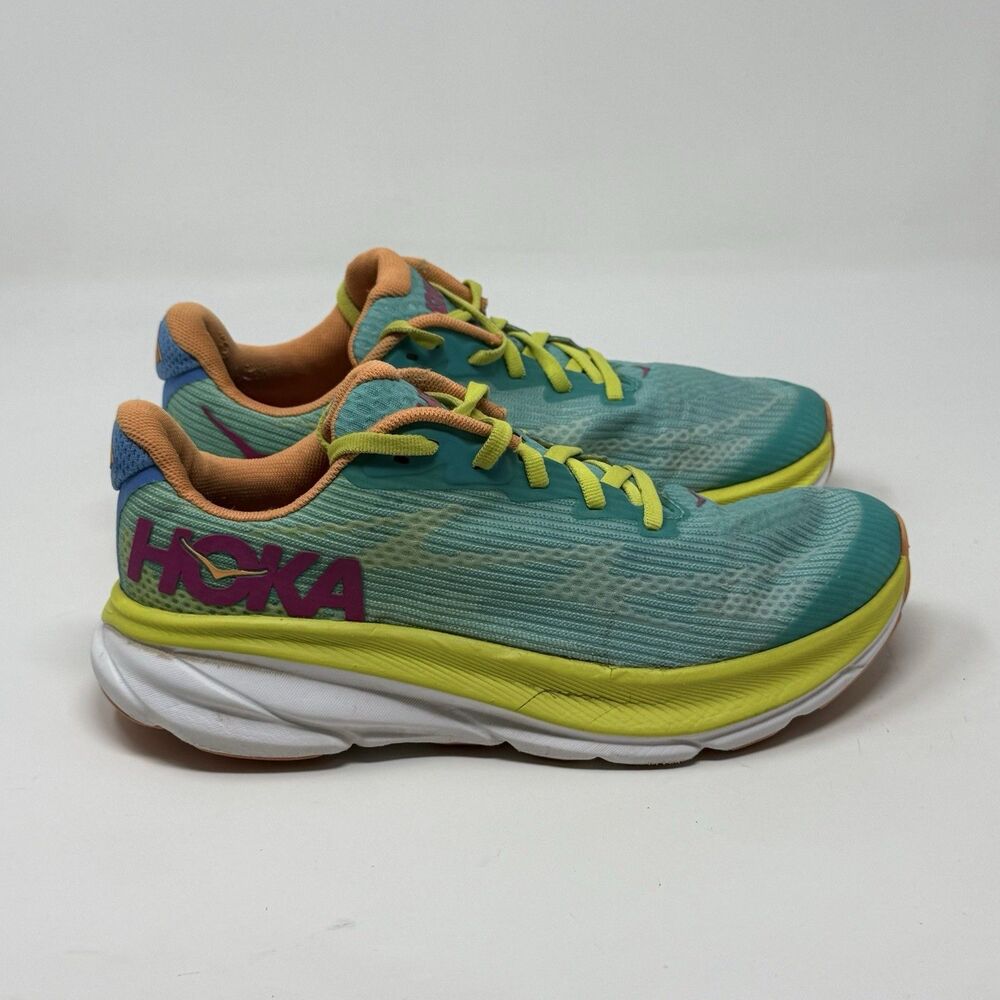 Hoka One One Clifton 9 Shoes Youth Girls Boys 5 Blue Yellow Running Sneakers